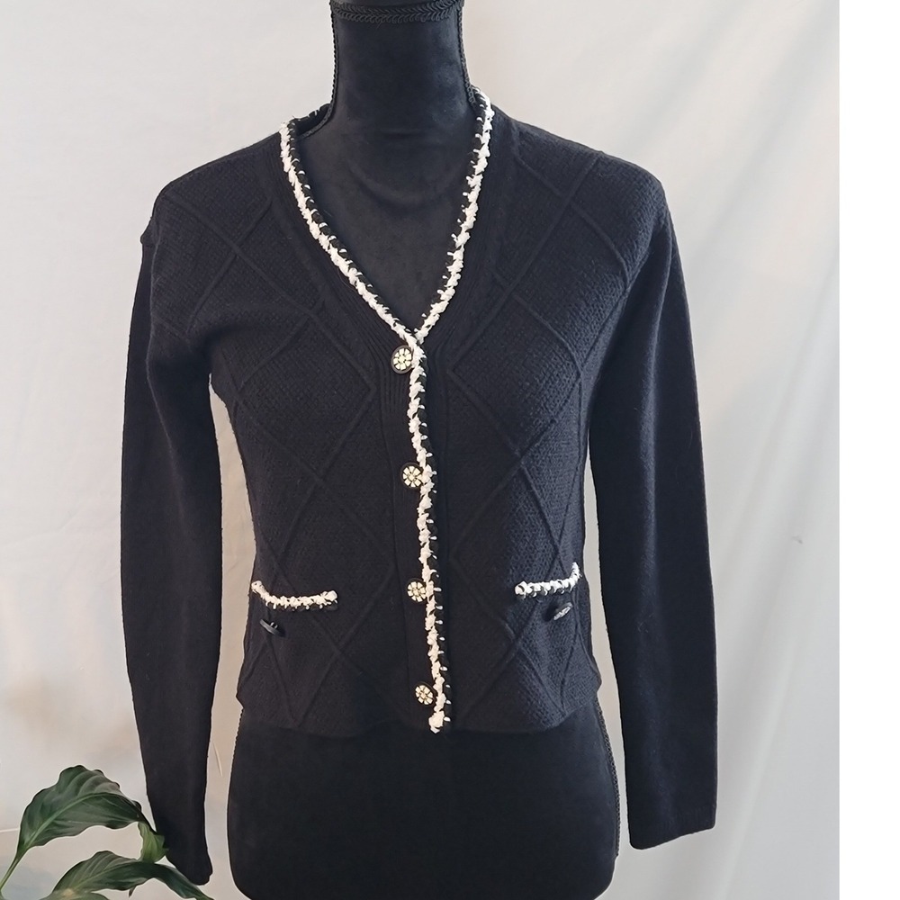 Laundry by Shelli Segal Black White Diamond Knitβ Cardigan Sweater XS